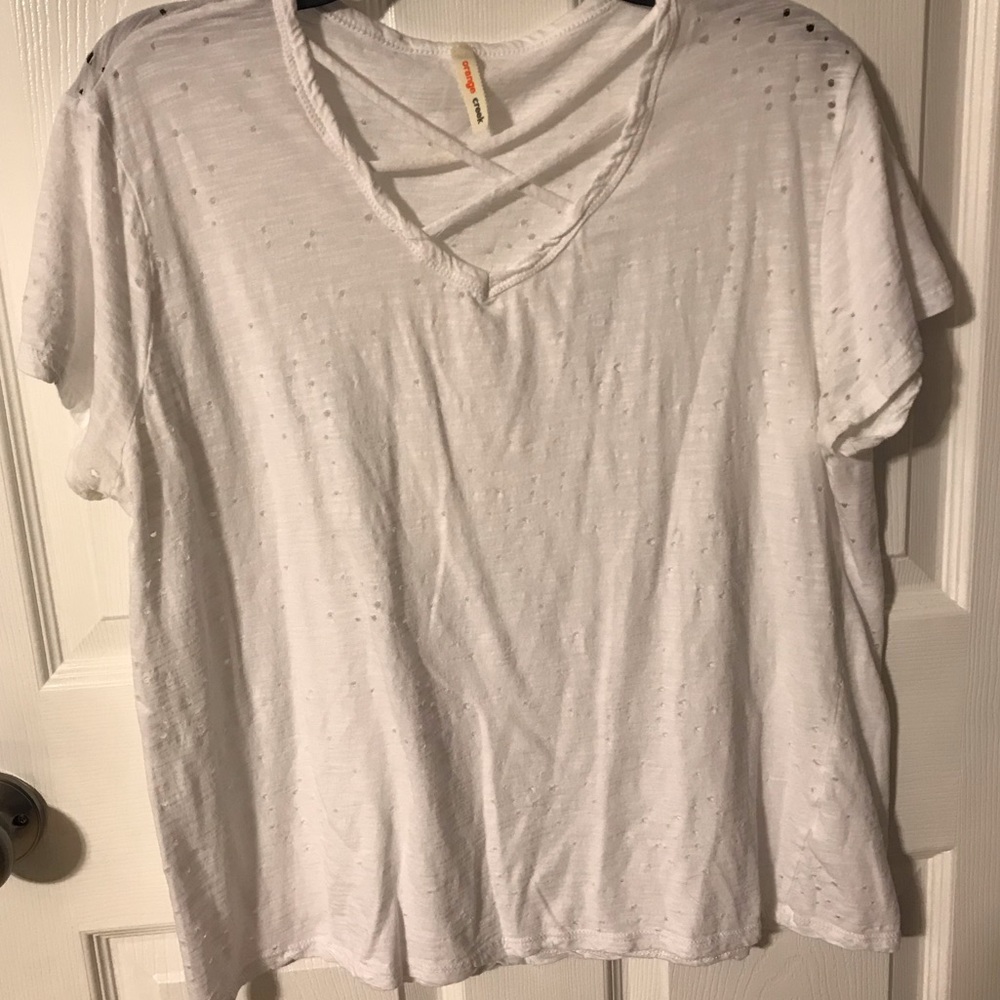 Distressed Shirt with cross cross neck line